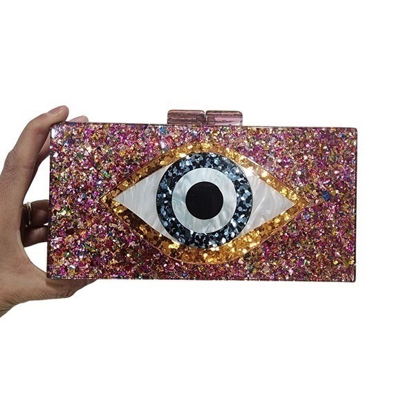 Unbranded Handbags - Evil Eye Clutch Womens Small Pink Glitter Statement Party Bag Boho Party Gala